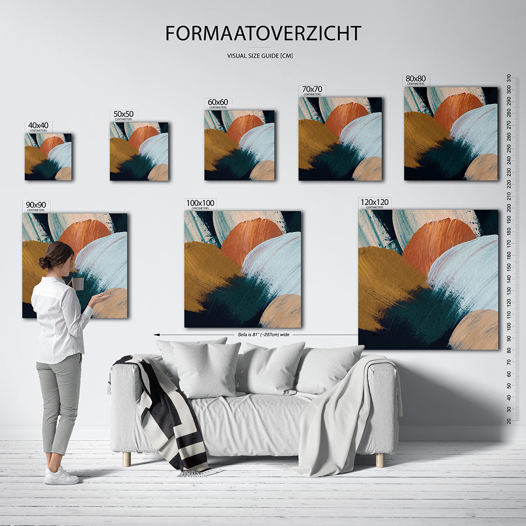 Kleurencompositie kunstwerk – dit werk toont een levendige mix van vloeiende penseelstreken in blauw, orange en beige, met