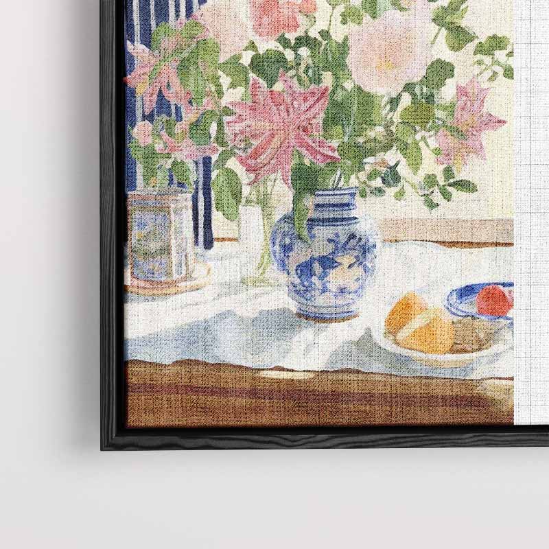 Zomers Bloemenboeket in Blauwe Vaas – staand kunstwerk voor modern interieur
