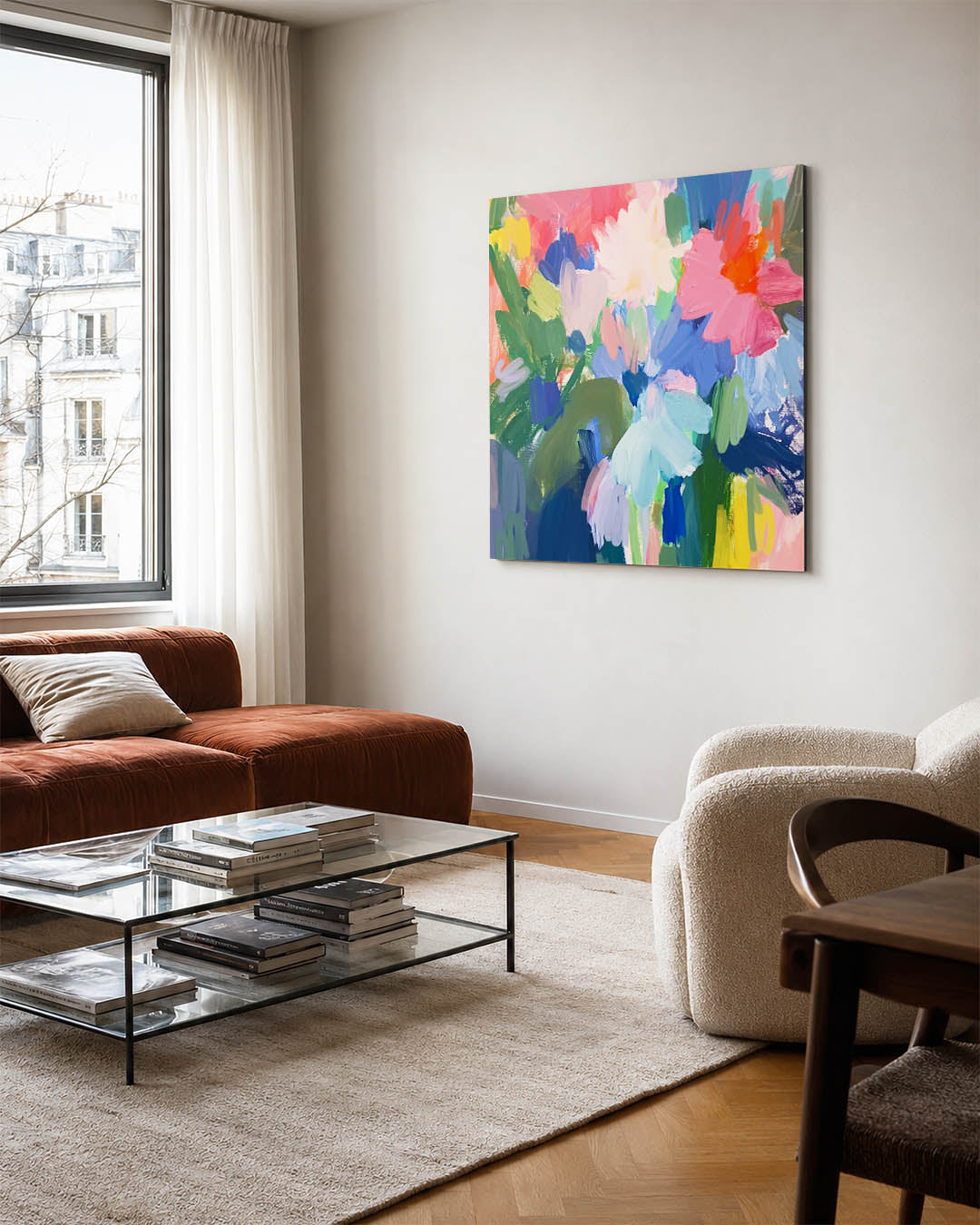 Kleurrijke bloemenvormen kunstwerk – vierkante wanddecoratie – dit werk toont een levendige compositie van overlappende