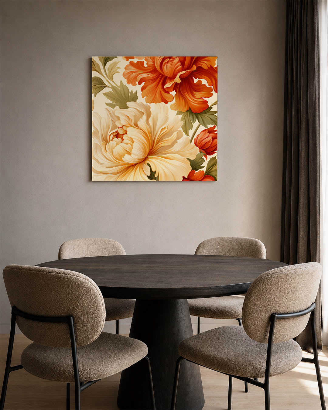Bloemrijke compositie kunstwerk – vierkante wanddecoratie – dit kunstwerk toont weelderige bloemen in warme tinten. De