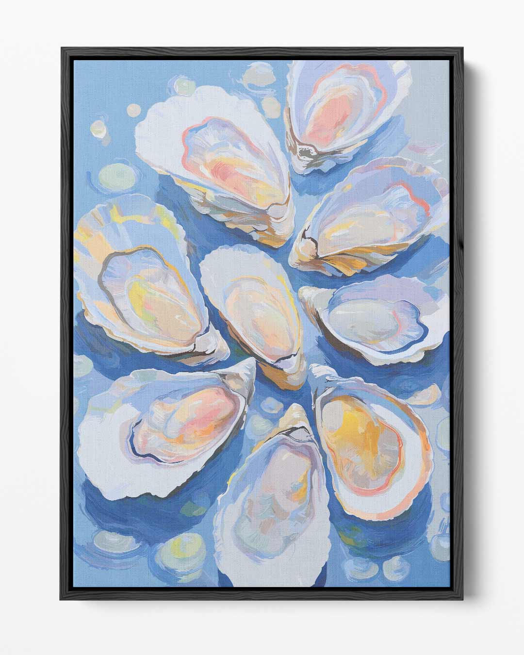 Dromerige Oesters op Blauw – portret kunstwerk als wanddecoratie