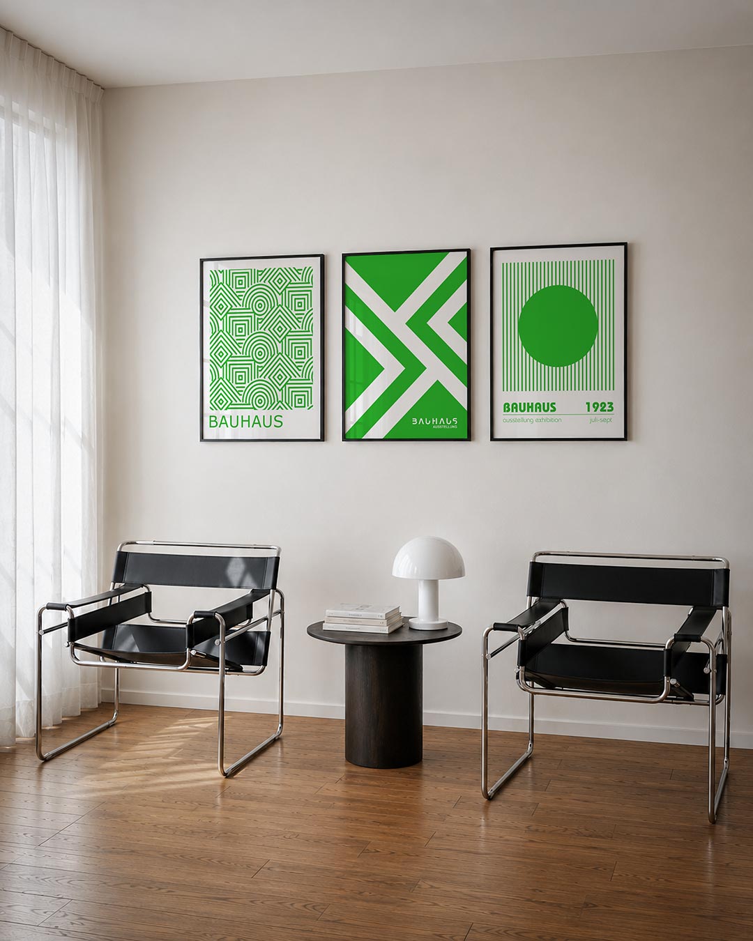 Groene lijnpatronen posterset – tweede productweergave – deze posterset in drie delen toont een levendig spel van groene
