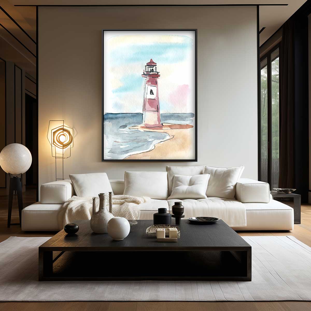 Schets van Vuurtoren aan Zee – kunstwerk met zwarte baklijst