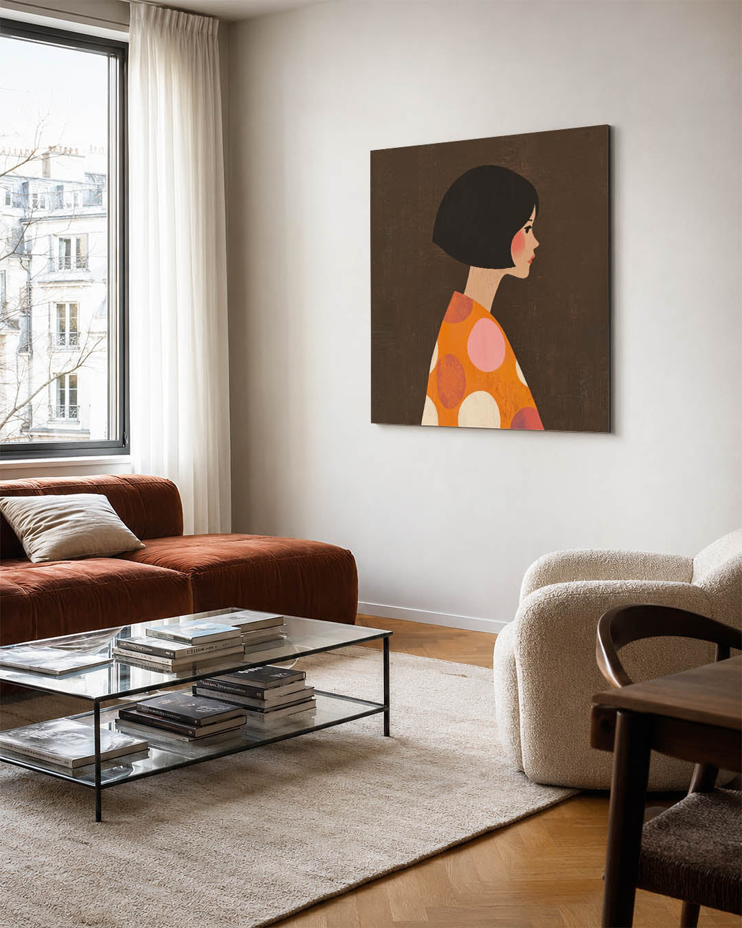 Stijlvolle vrouwenzijde kunstwerk – vierkante wanddecoratie – dit kunstwerk toont een vrouw in profiel met een kleurrijk