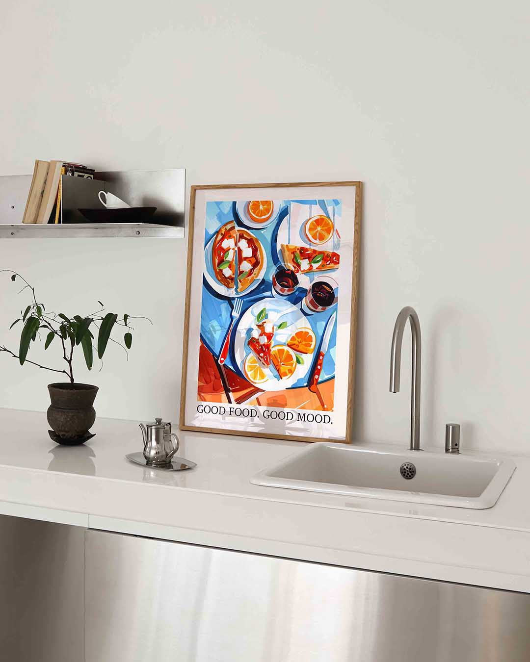 Pizza en sinaasappels – keukenposter in staand formaat