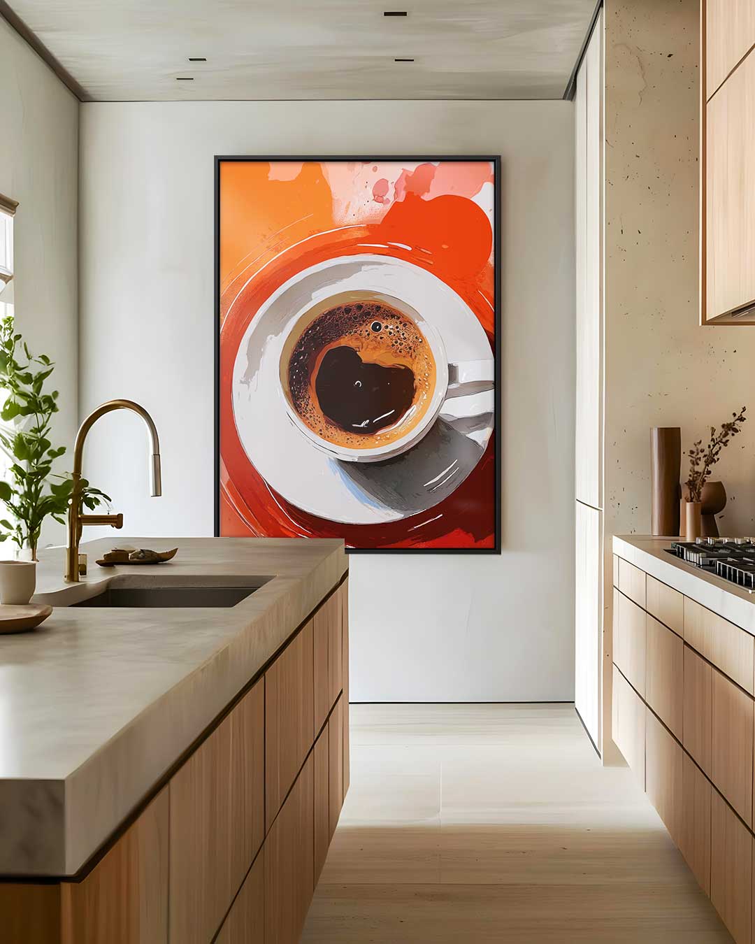 Koffiekunst in oranje – staand kunstwerk voor modern interieur