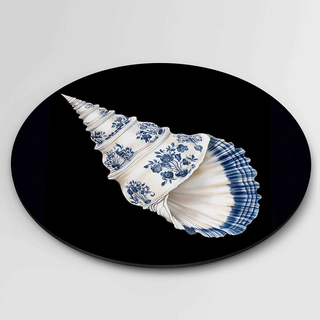 Schelp met blauwe bloemen – ronde Pop Art wanddecoratie van WallArtistic