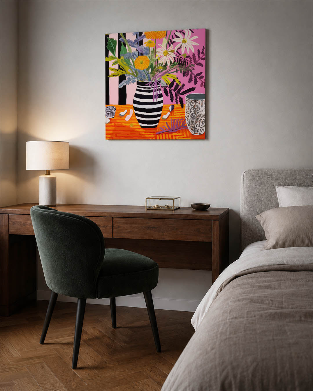 Bloemrijke compositie kunstwerk – materiaalweergave – dit kunstwerk toont een levendige bloemenvaas met contrasterende