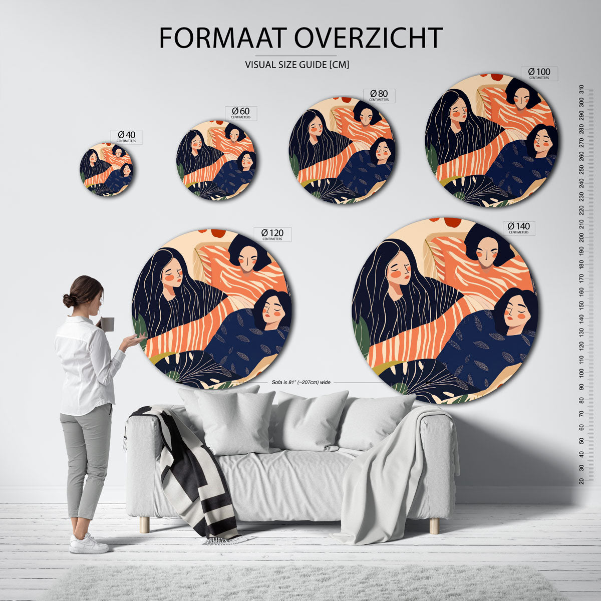 Drie figuren met bladeren – moderne ronde muurdecoratie met abstracte vormen