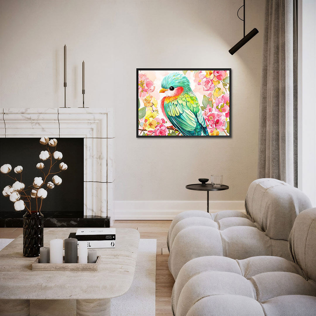 Vrolijke vogel en bloemen – liggende wanddecoratie
