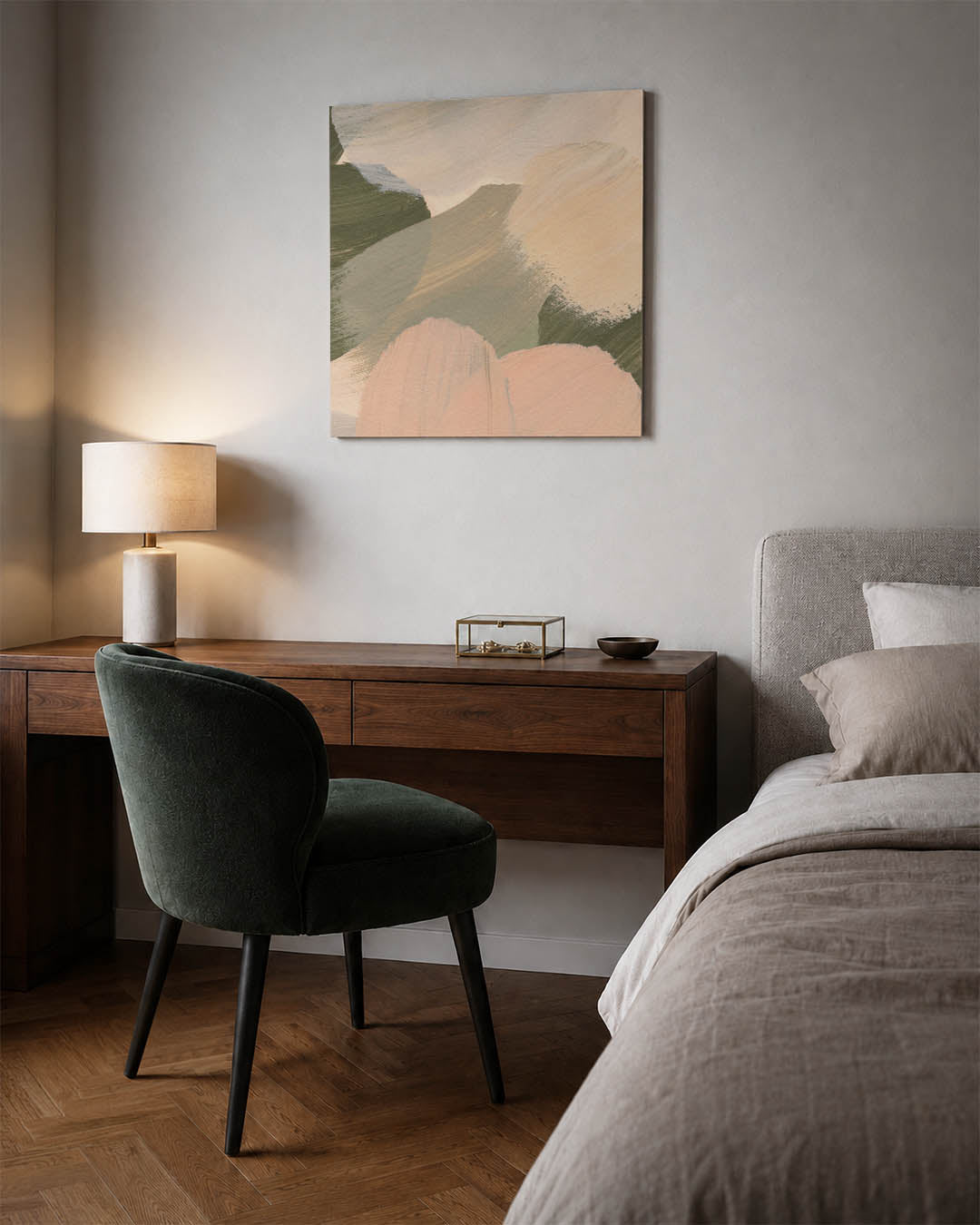 Zachte kleuren compositie kunstwerk – materiaalweergave – dit werk toont vloeiende penseelstreken in zachte tinten, met een
