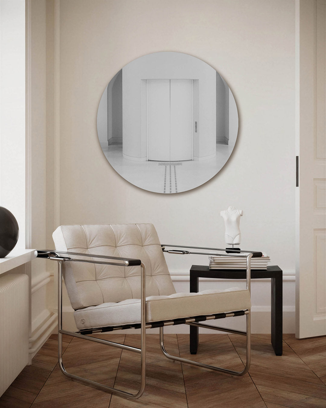 Minimalistische liftdeuren – fotografie muurcirkel als ronde wanddecoratie