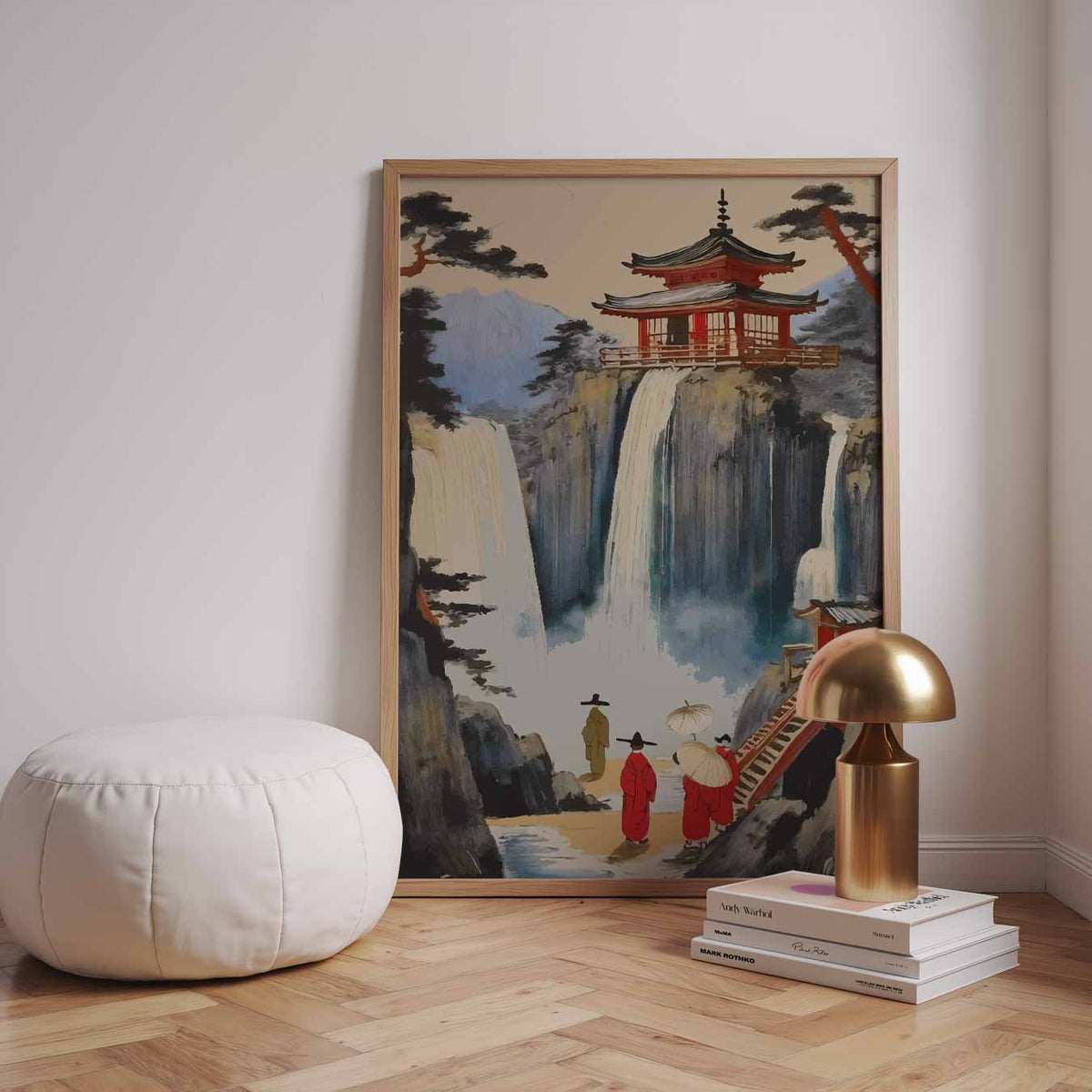 Japanse Waterval en Tempel – staande zomer wanddecoratie van WallArtistic