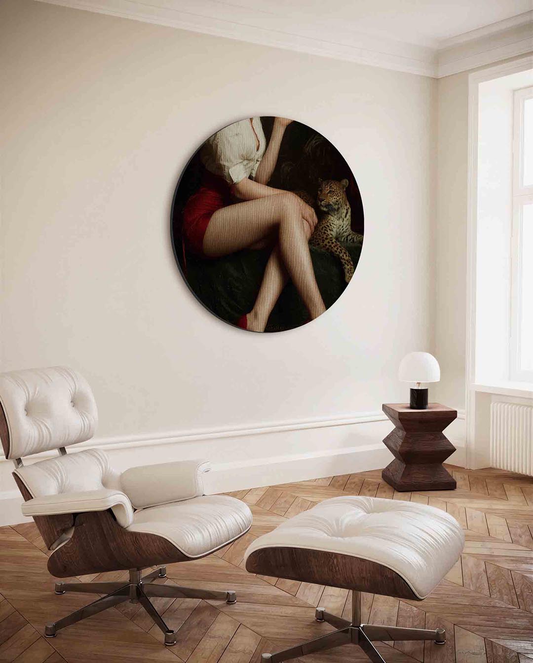 Vrouw met luipaard – ronde Pop Art wanddecoratie van WallArtistic