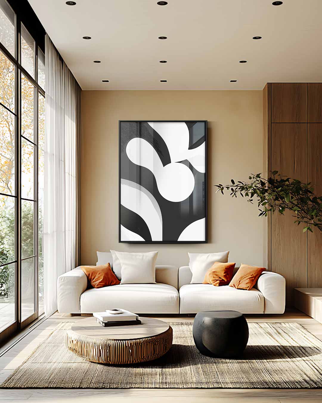 Moderne Zwart-Wit Compositie – staande wandkunst voor woonkamer of interieur