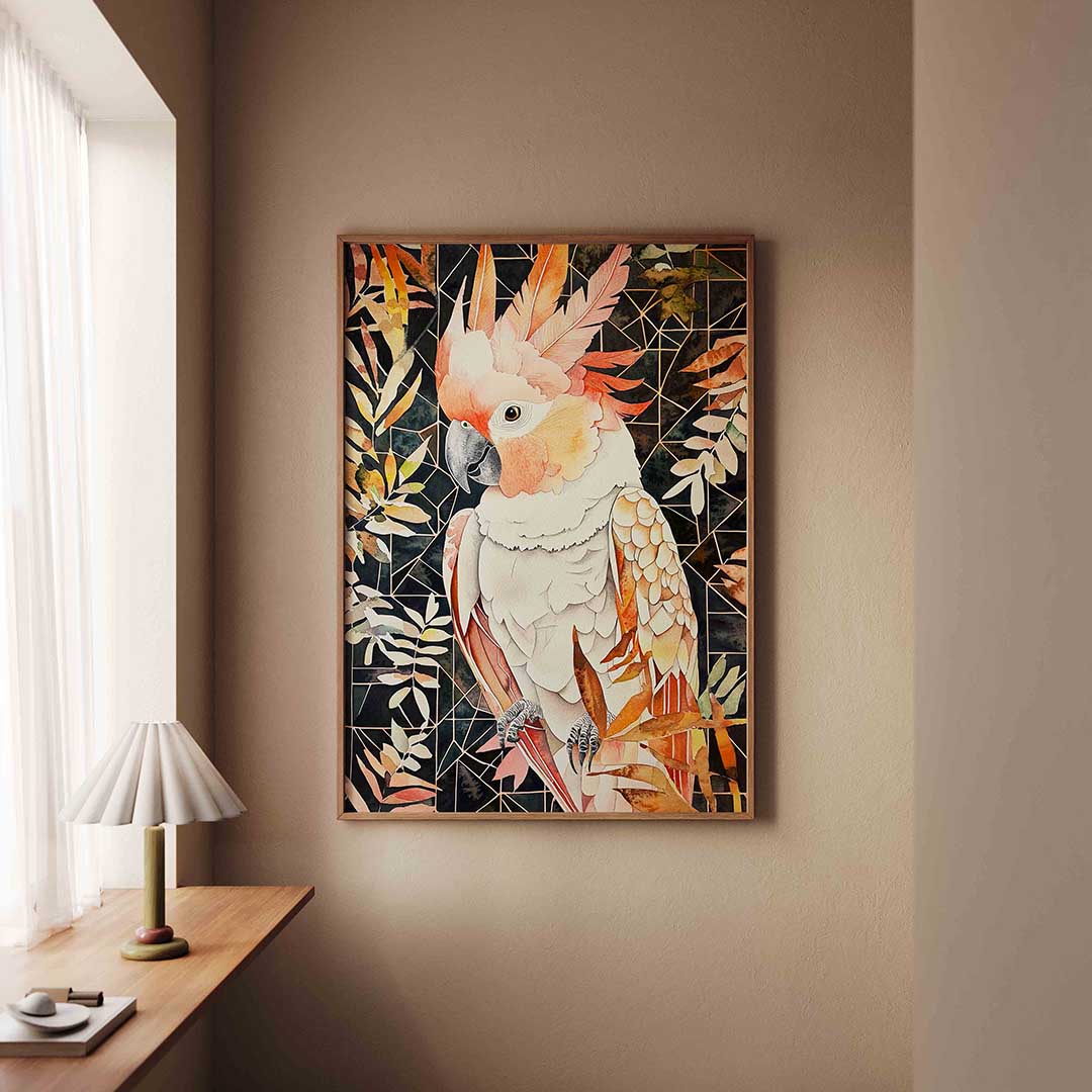 Papegaai met bladeren – staande dieren wanddecoratie van WallArtistic