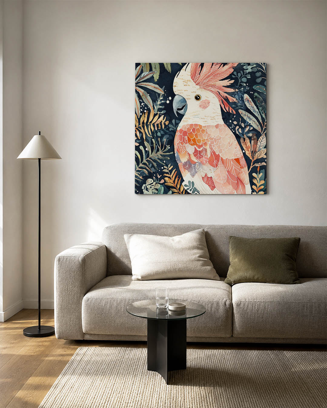 Vrolijke vogel illustratie kunstwerk – detailweergave – dit werk toont een kleurrijke vogel omringd door weelderige bladeren.