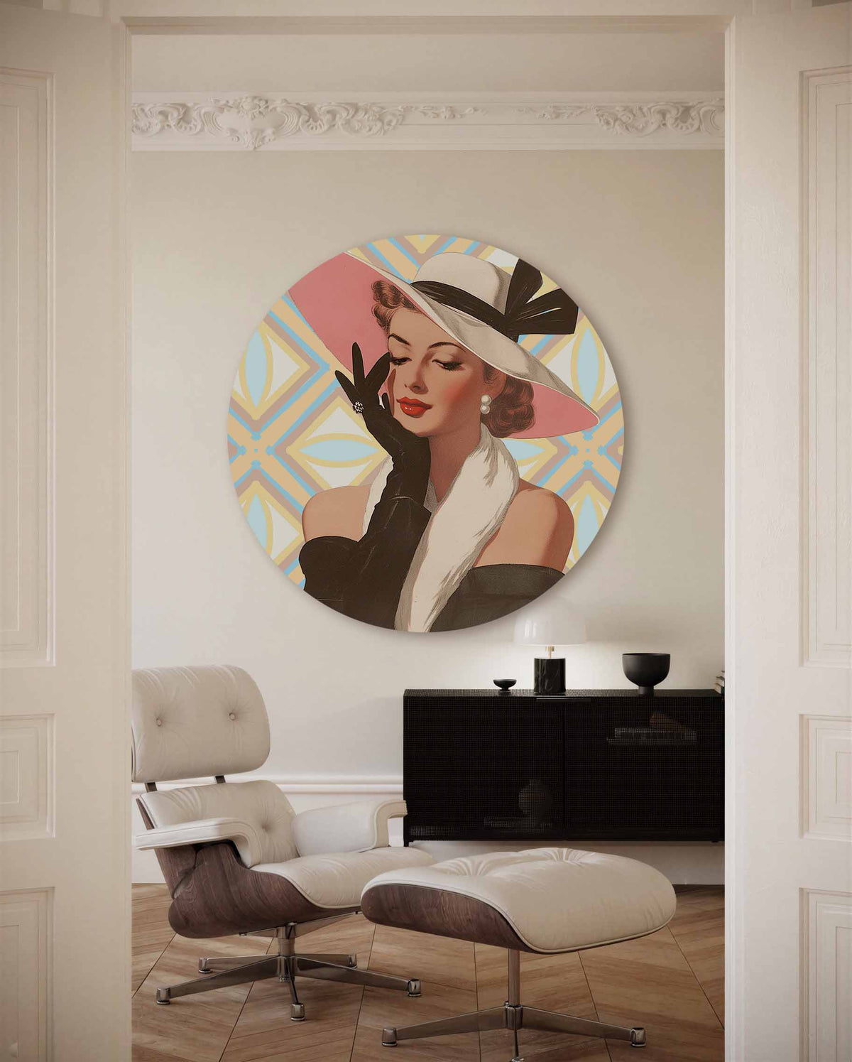 Vrouw met hoed – kleurrijke Pop Art muurcirkel voor aan de muur
