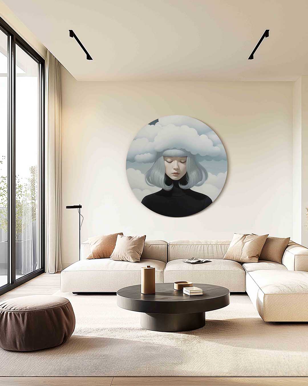 Vrouw met wolken – kleurrijke illustratie muurcirkel als wanddecoratie