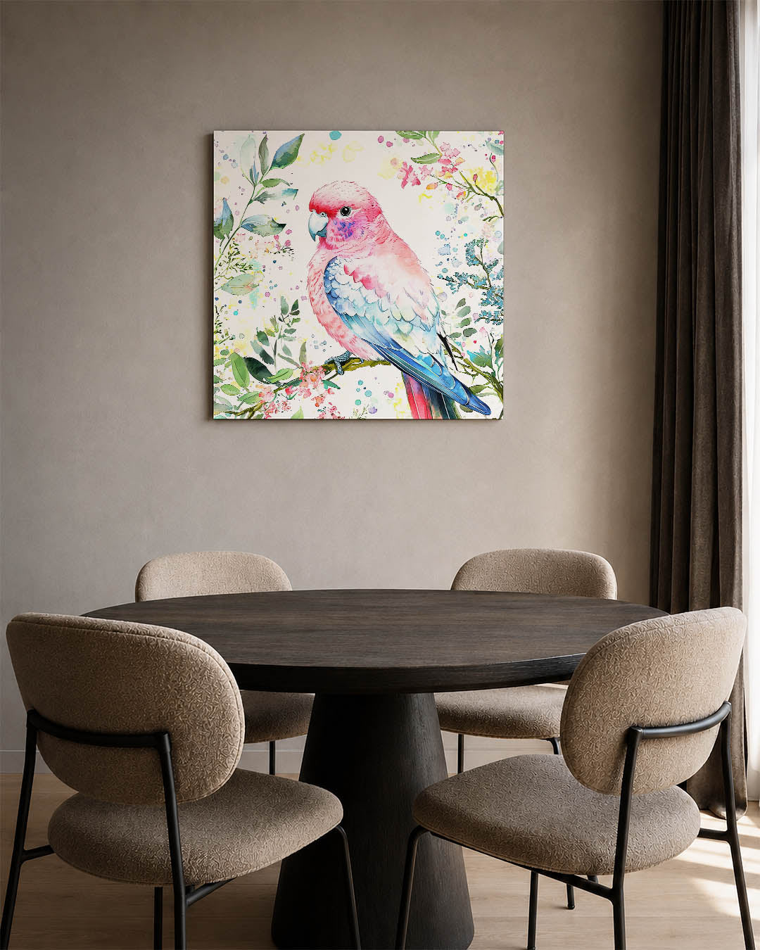 Vrolijke vogel illustratie kunstwerk – derde productweergave – dit werk toont een kleurrijke vogel omringd door bladeren en