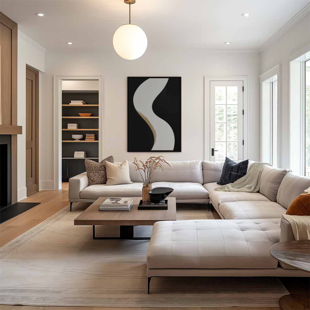 Golvende Sfeer in Zwart en Wit – staand kunstwerk voor modern interieur