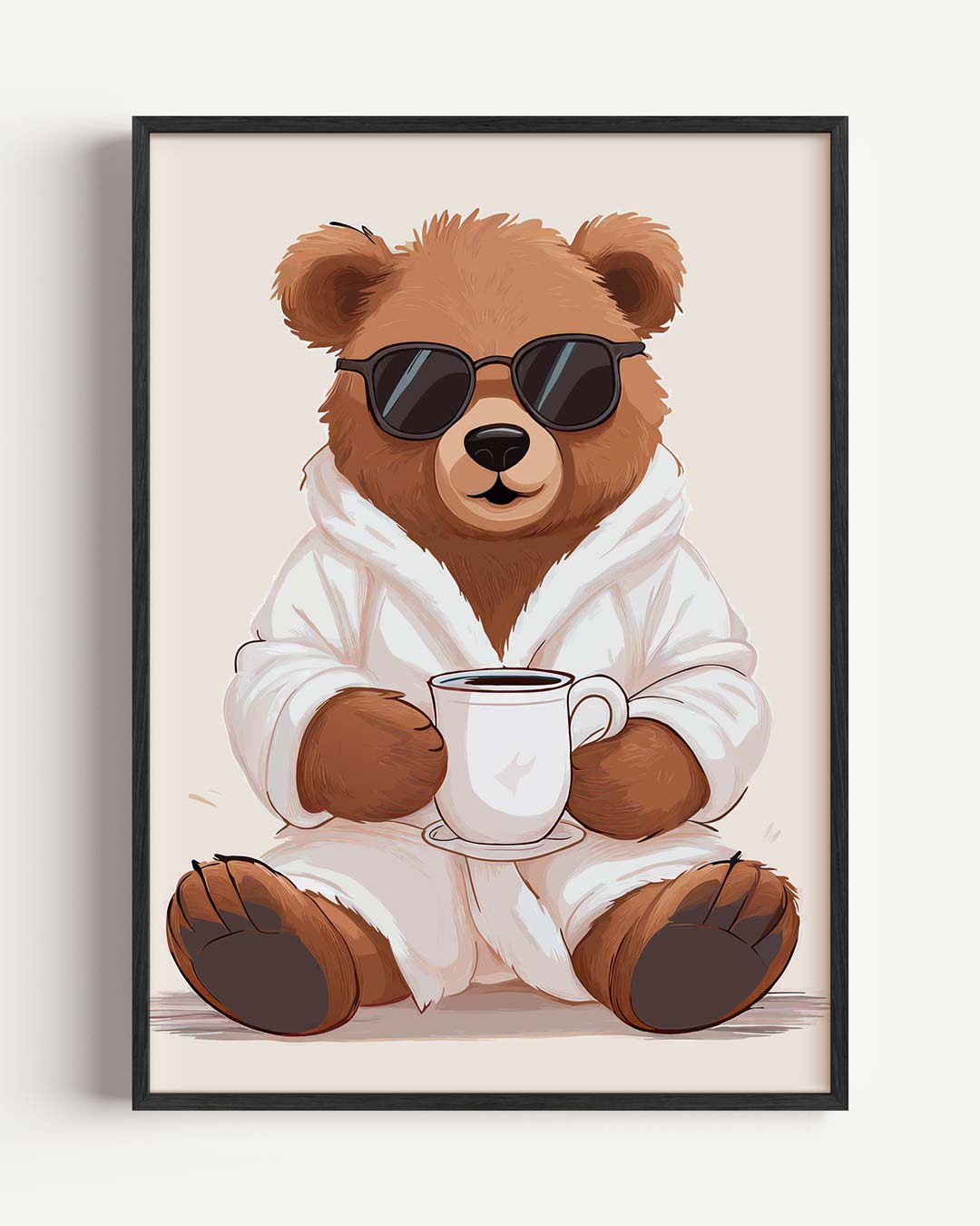 Chillende Beer met Koffie – kids portret poster als wanddecoratie