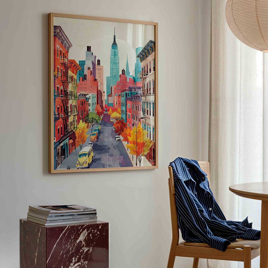 Stadsgezicht met kleurrijke gebouwen – kleurrijke illustratie poster in staand formaat