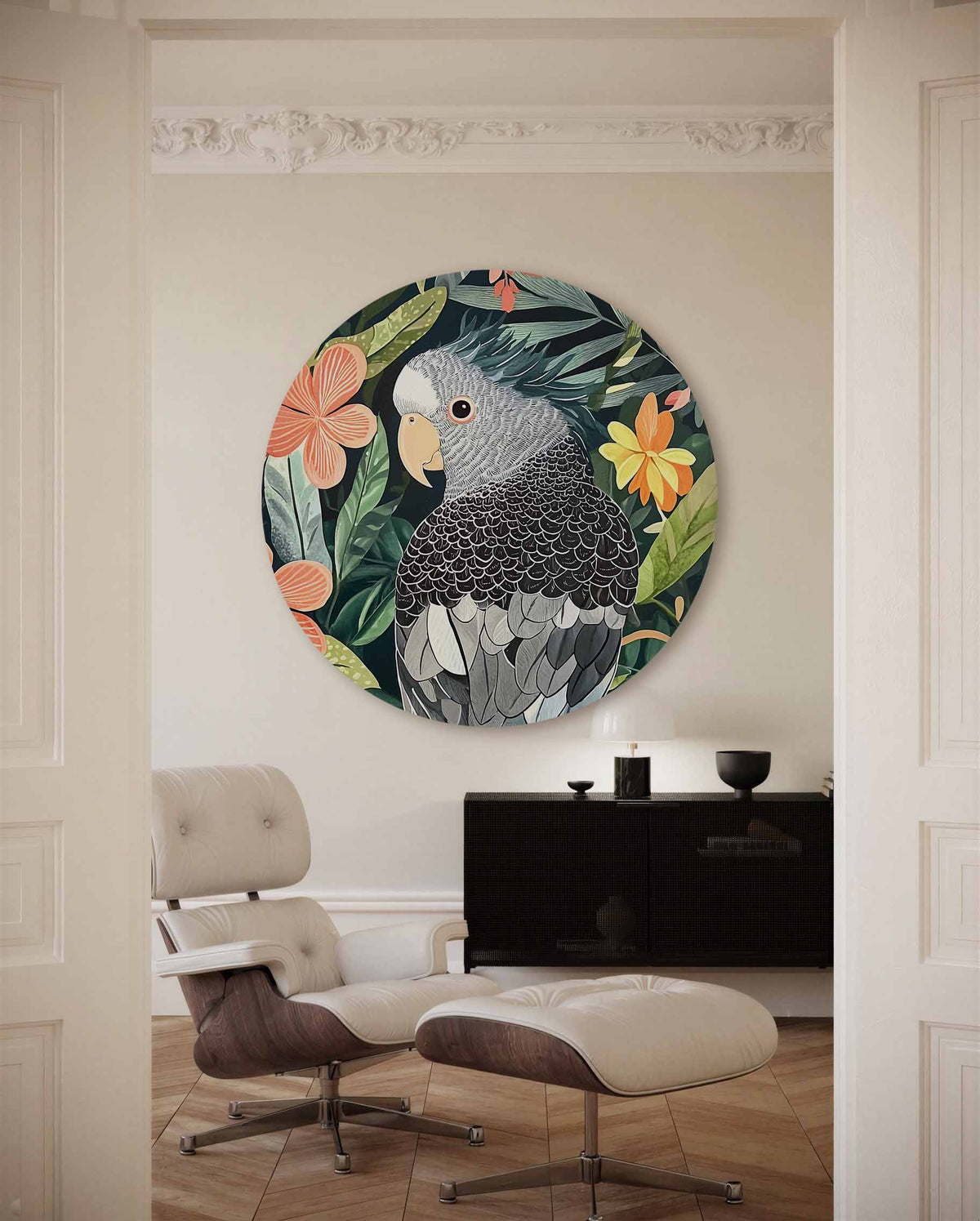 Papegaai en bloemen – illustratie muurcirkel als ronde muurdecoratie