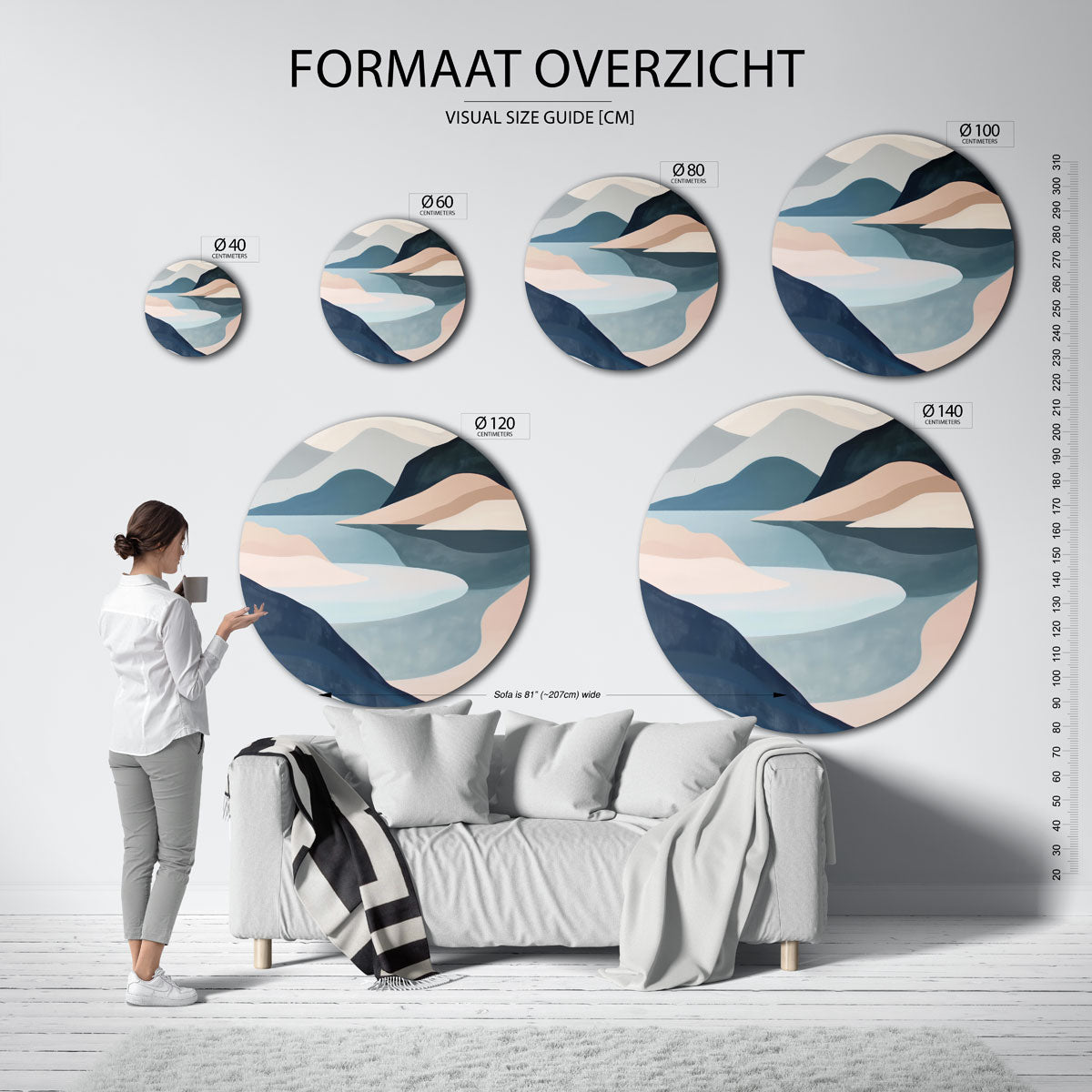 Landschap met bergen – ronde muurdecoratie met kleur en vorm