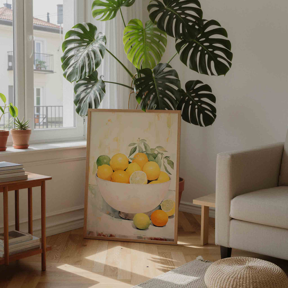 Citrusvruchten in schaal – staande botanische wanddecoratie van WallArtistic