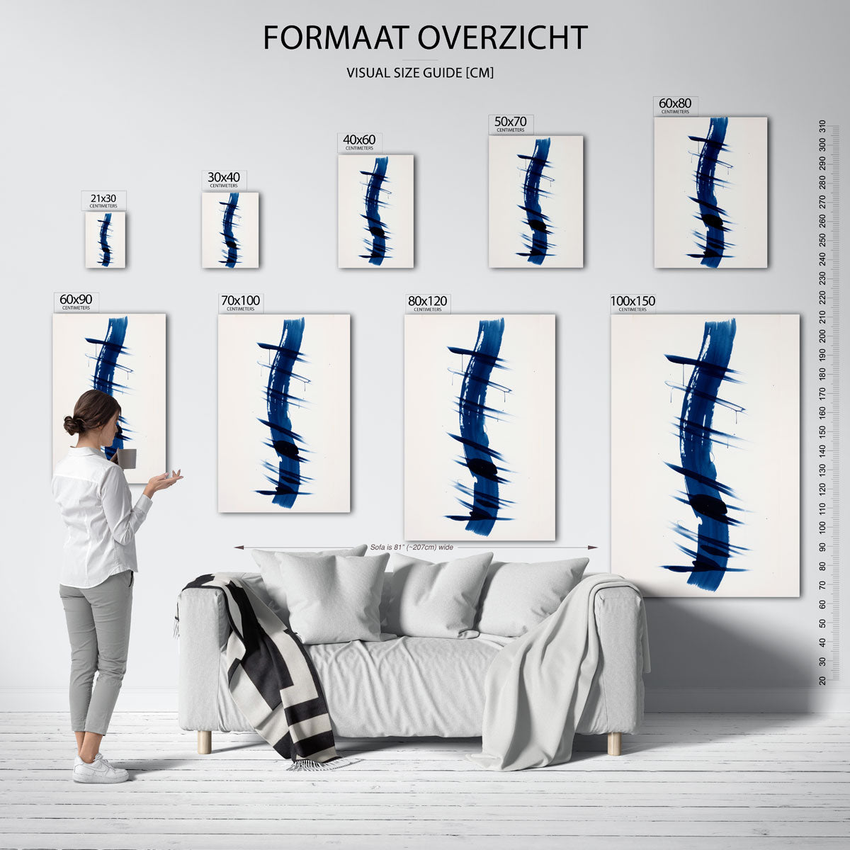 Blauwe penseelstreken – staande muurposter met kunst en design