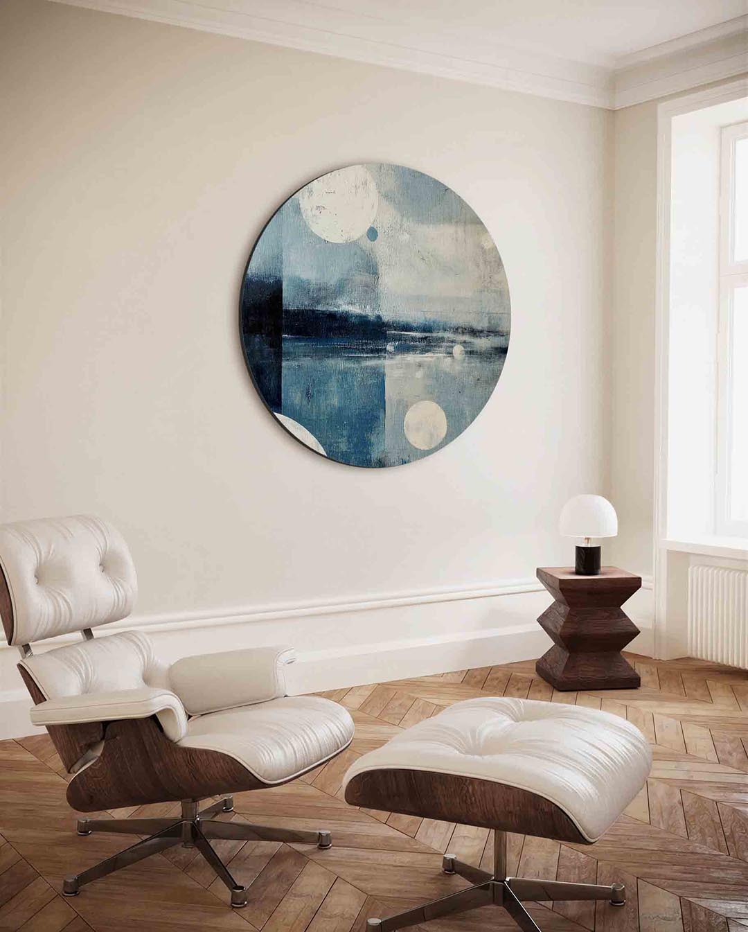 Blauwe cirkels – moderne ronde wanddecoratie met vrouwelijk portret