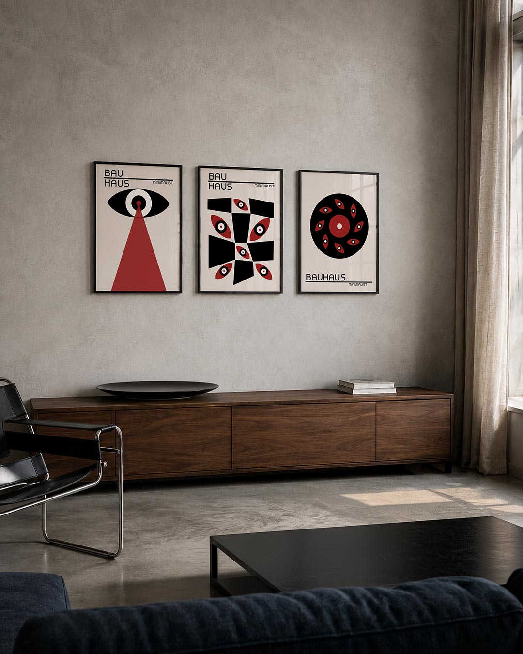 Oog en lichtstraal posterset – tweede productweergave – een zwart-wit oog met een rode lichtstraal. Strakke lijnen en sterke