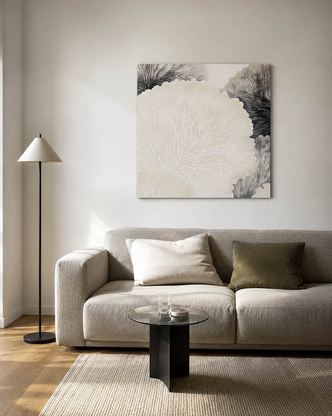 Organische lijnen kunstwerk – vierkante wanddecoratie – dit werk toont vloeiende, organische lijnen in zachte tinten. De