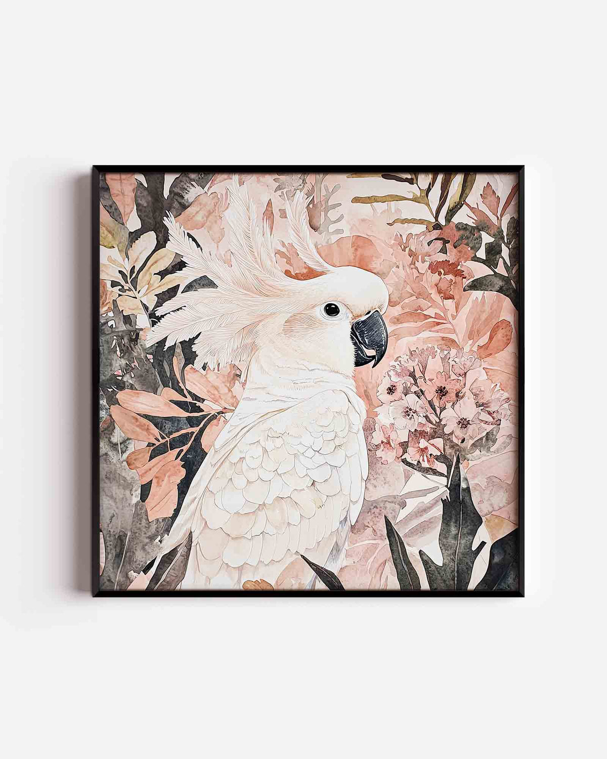 Witte kaketoe met bloemen – vierkante dierenposter als wanddecoratie