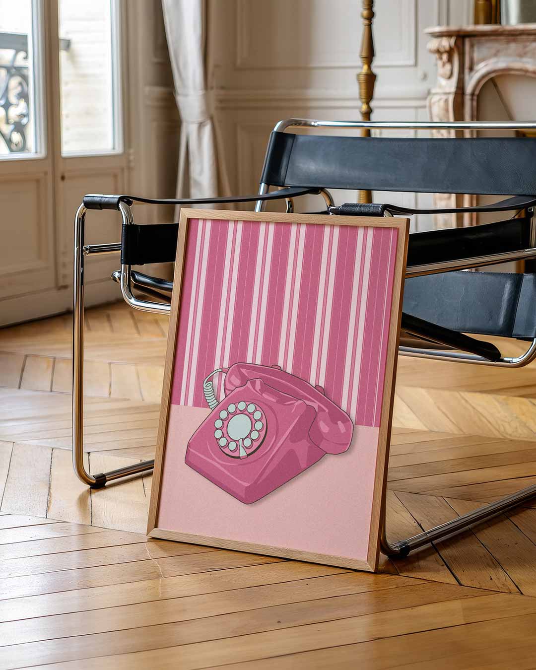 Retro Roze Telefoon – zomerse wandkunst als portret poster