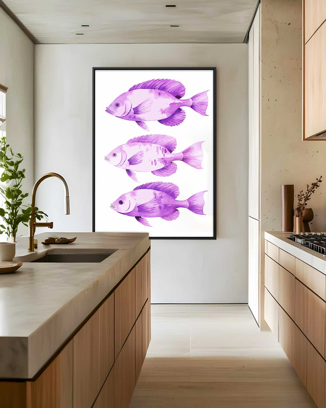 Paarse Vis Trio – canvas wanddecoratie in portret formaat