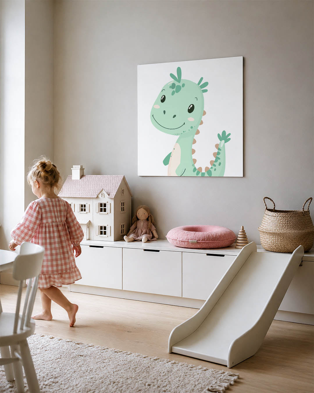 Vrolijke dino illustratie kunstwerk – tweede productweergave – dit kunstwerk toont een schattige dinosaurus met een glimlach.