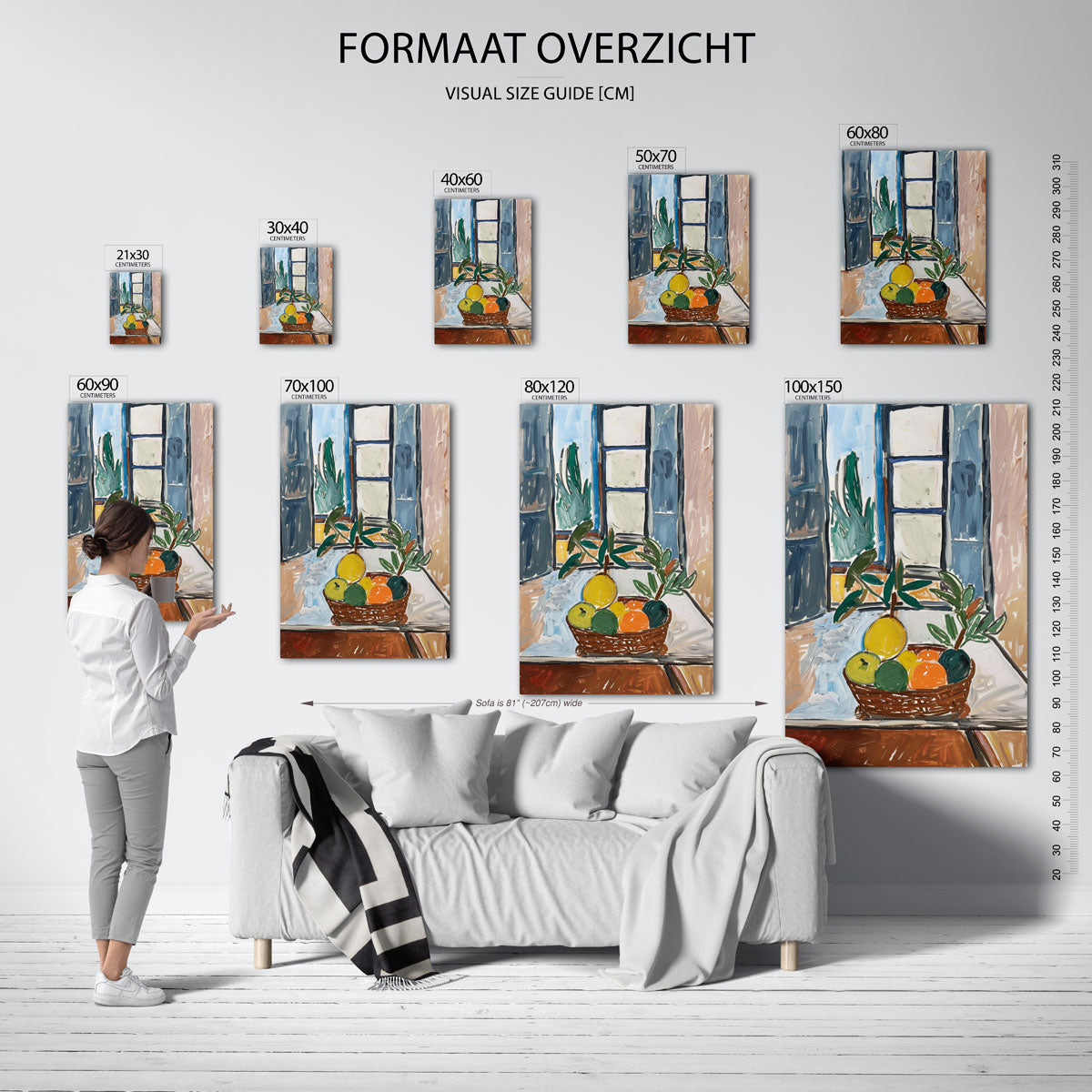 Fruitmand bij raam – staande muurposter met hedendaagse illustratie