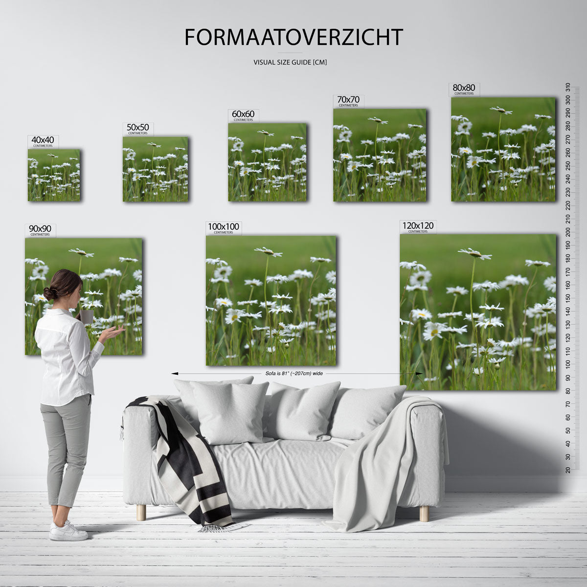 Bloemenweide kunstwerk – materiaalweergave – deze kunstwerk toont een weelderige weide vol witte bloemen tegen een groene