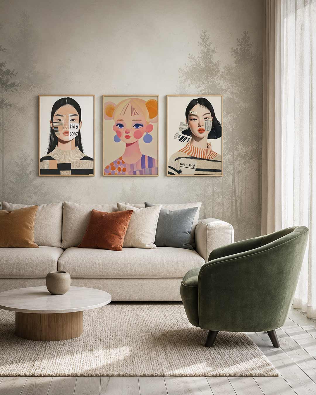 Collage portret driedelige posterset – een intrigerend gezicht opgebouwd uit diverse vormen en
