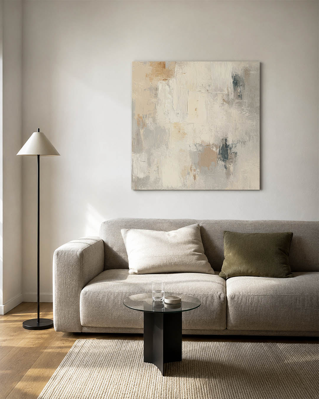 Neutrale kleurencompositie kunstwerk – vierkante wanddecoratie – dit werk toont een subtiele mix van beige en grijs, met