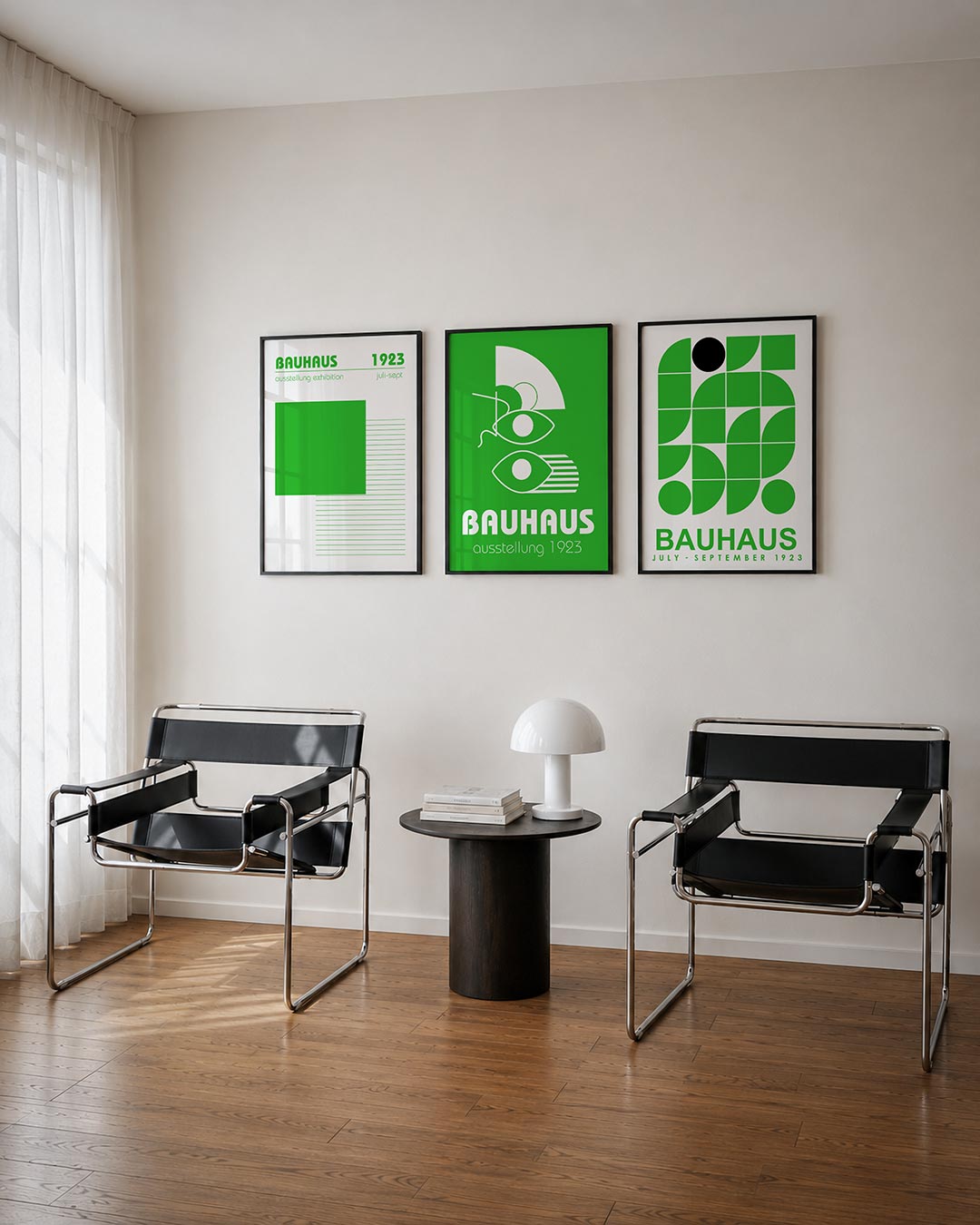 Groene vlakken posterset – tweede productweergave – een groot groen vierkant domineert de compositie, met fijne groene lijnen