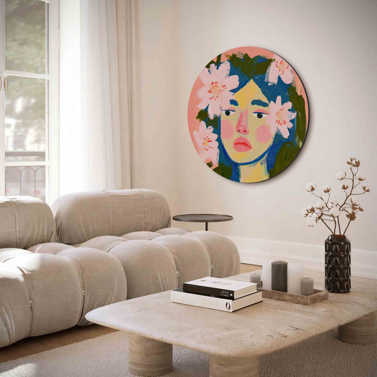 Portret met bloemen – muurcirkel met abstracte texturen voor aan de muur
