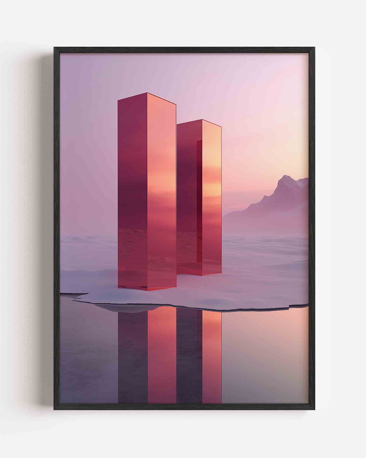 Roze pilaren in landschap – surrealistische portret poster als wanddecoratie