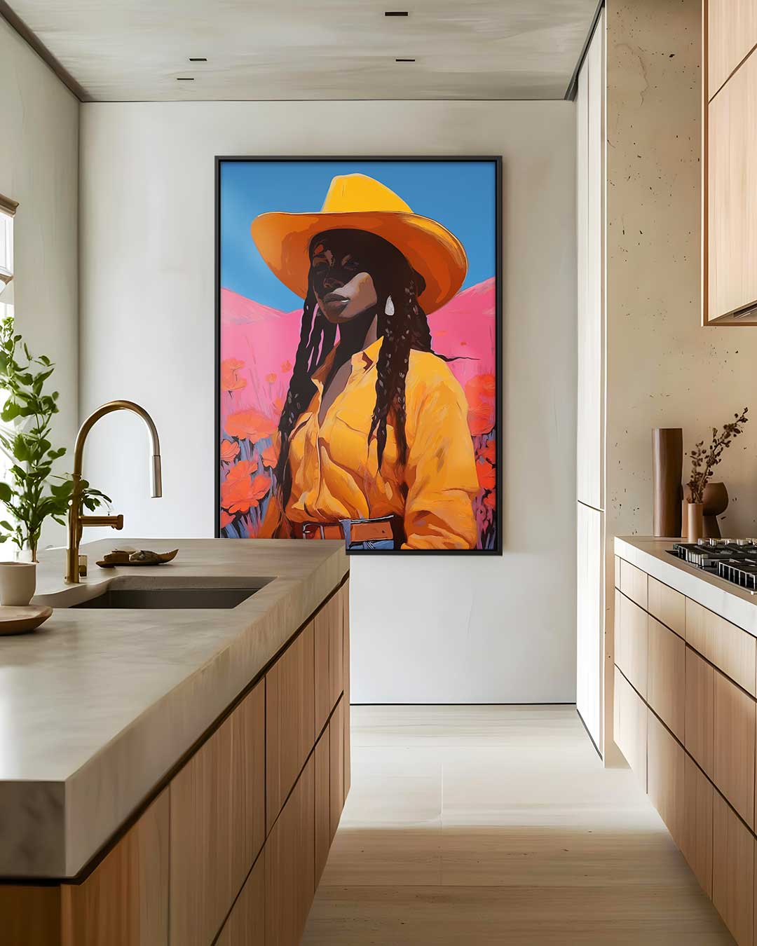 Vrouw in de Velden – modern portret kunstwerk van WallArtistic