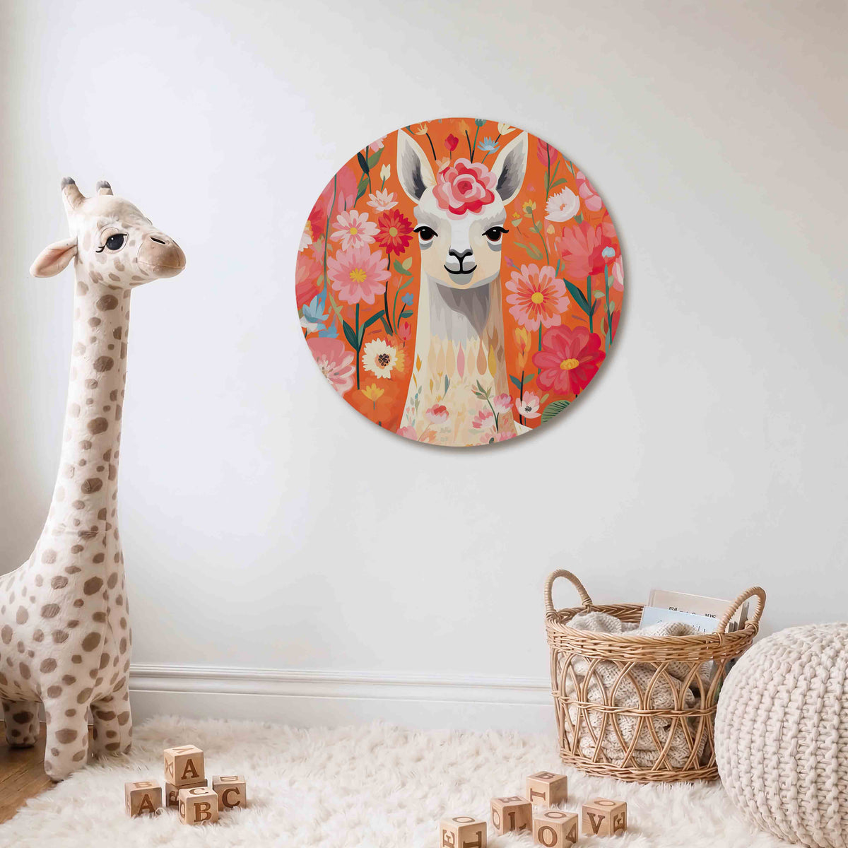 Lama en bloemen Muurcirkel – Een lama omringd door kleurrijke bloemen in tinten van roze, rood en blauw op een oranje