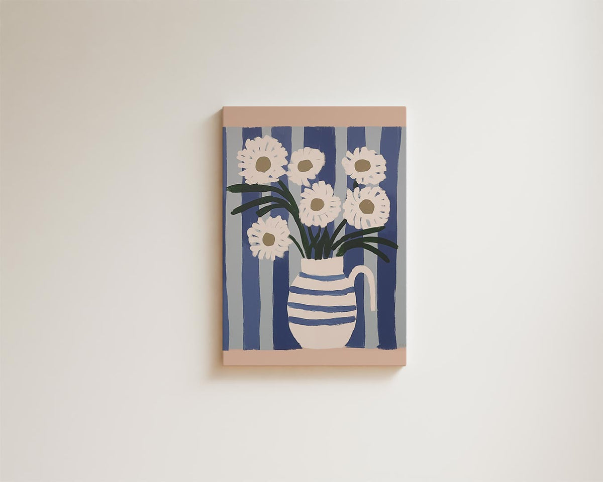 Bloemen in Blauwe Strepen – portret kunstwerk als wanddecoratie, afbeelding 15