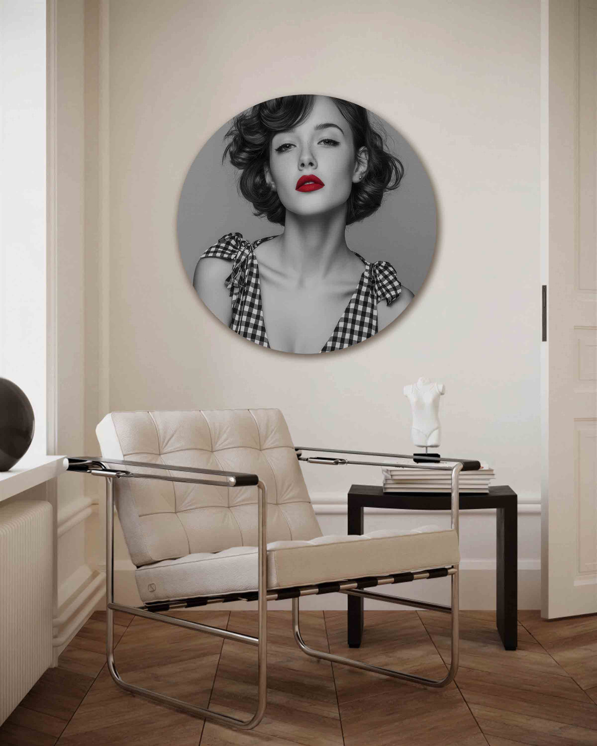 Portret met rode lippen – Pop Art muurcirkel als ronde wanddecoratie