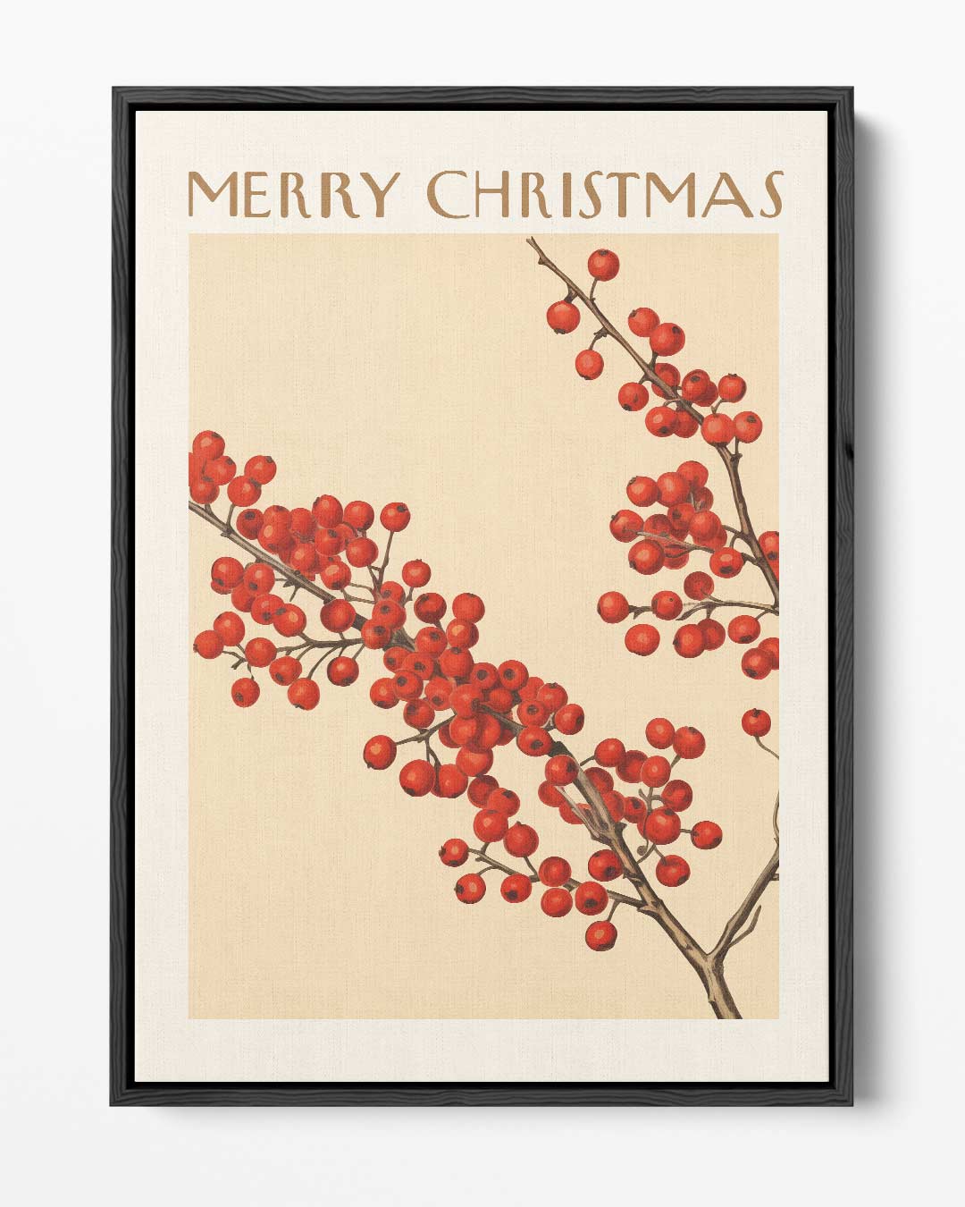 Vintage Kerstkaart met Rode Bessen – portret kunstwerk als wanddecoratie